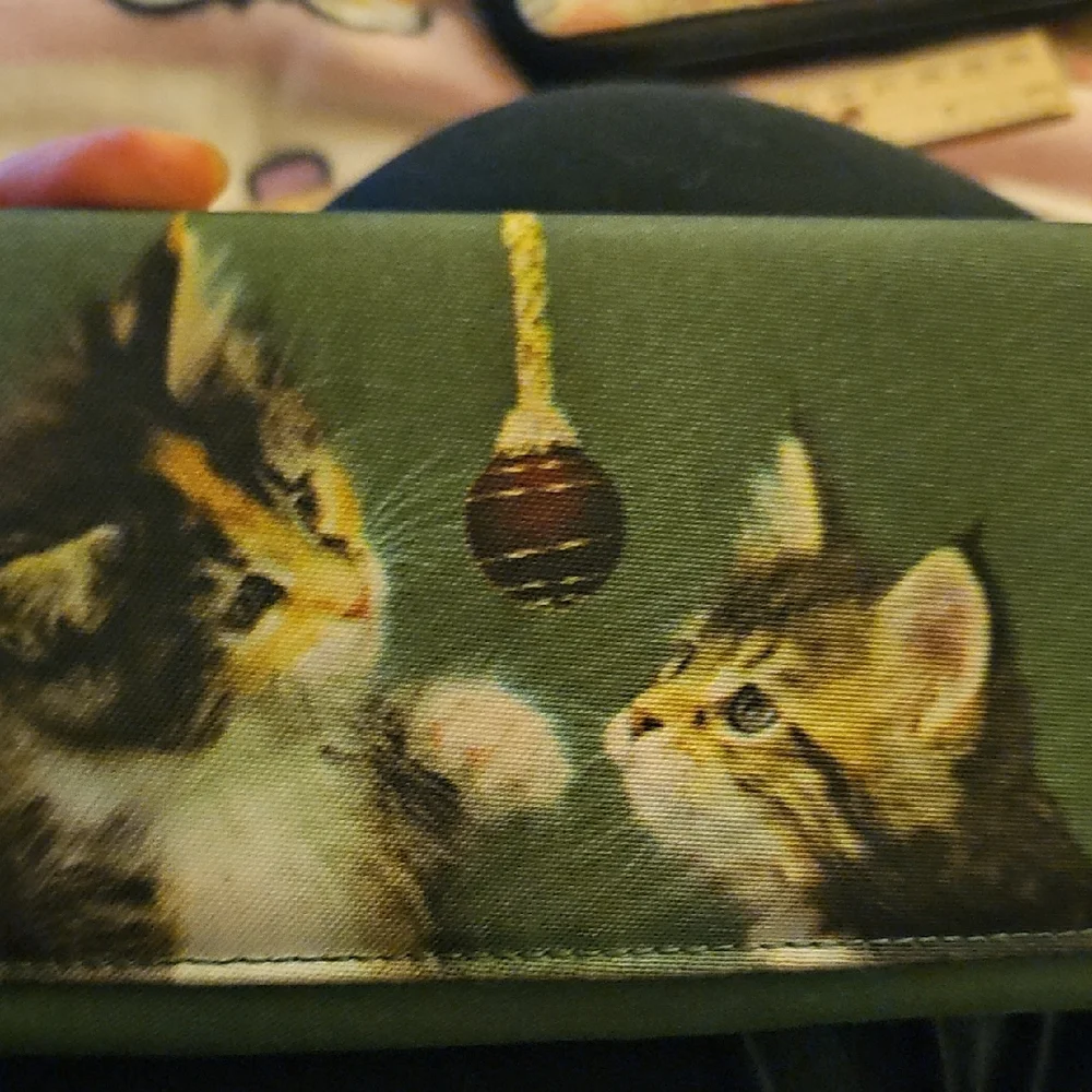 Green Cat Wallet with Playful Kittens Festive Canvas
